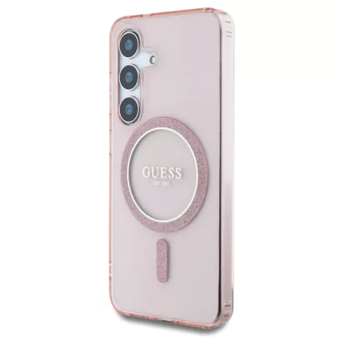 Guess Glitter Circle Classic Logo MagSafe tok Samsung Galaxy S25 készülékhez rózsaszín