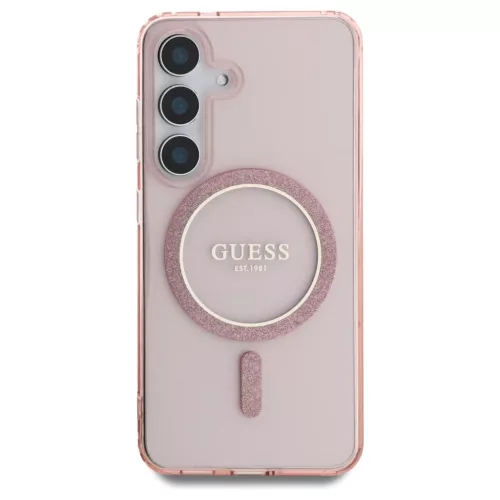 Guess Glitter Circle Classic Logo MagSafe tok Samsung Galaxy S25 készülékhez rózsaszín