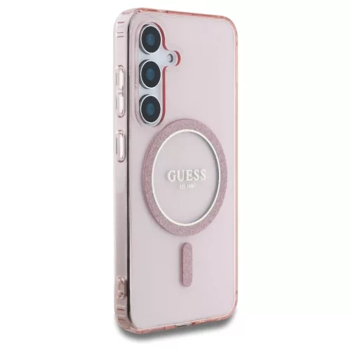 Guess Glitter Circle Classic Logo MagSafe tok Samsung Galaxy S25 készülékhez rózsaszín