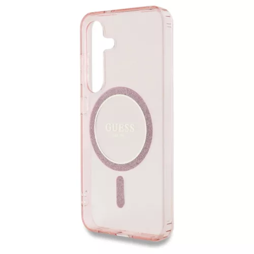 Guess Glitter Circle Classic Logo MagSafe tok Samsung Galaxy S25 készülékhez rózsaszín