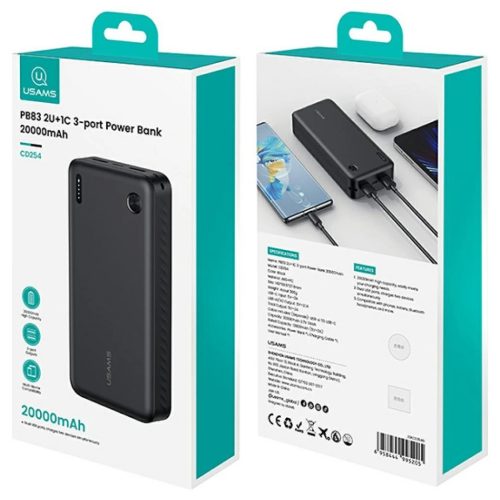 USAMS PB83 Hordozható töltő 2xUSB-A 1xUSB-C 20000mAh fekete