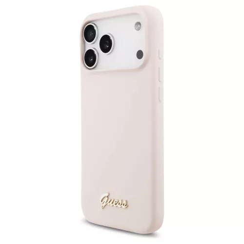 Guess Silicone Script Metal Logo MagSafe tok iPhone 17 Pro Max készülékhez rózsaszín