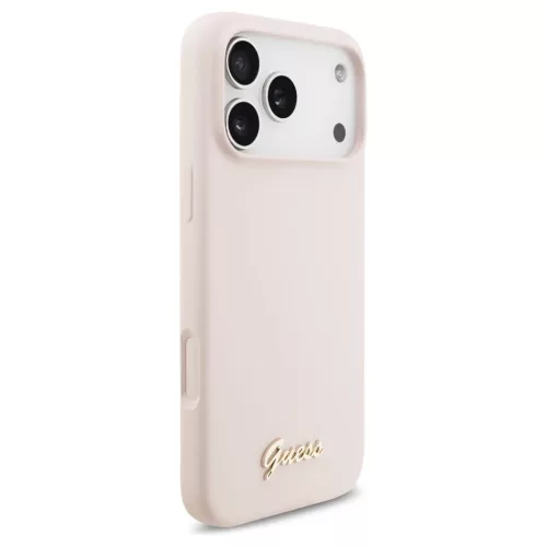 Guess Silicone Script Metal Logo MagSafe tok iPhone 17 Pro Max készülékhez rózsaszín