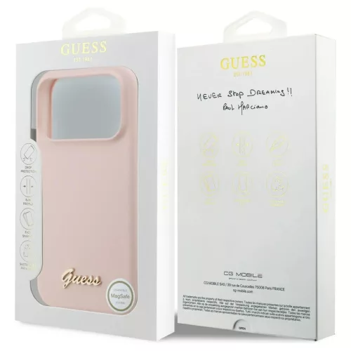 Guess Silicone Script Metal Logo MagSafe tok iPhone 17 Pro Max készülékhez rózsaszín