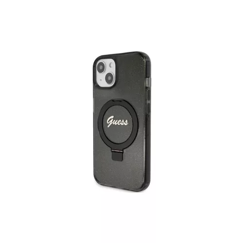 Guess GUHMP15MHRSGSK iPhone 15 Plus/14 Plus (6.7") készülékhez kemény tok Ring Stand Script Glitter Ma fekete