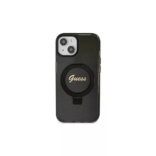 Guess GUHMP15MHRSGSK iPhone 15 Plus/14 Plus (6.7") készülékhez kemény tok Ring Stand Script Glitter Ma fekete
