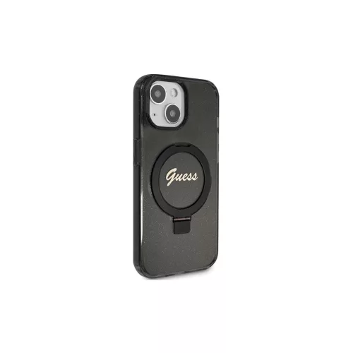 Guess GUHMP15MHRSGSK iPhone 15 Plus/14 Plus (6.7") készülékhez kemény tok Ring Stand Script Glitter Ma fekete