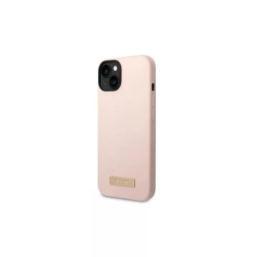 Guess GUHMP14SSBPLP iPhone 14 / 15 / 13 6.1 készülékhez kemény tok Silicone Logo Plate MagSafe rózsaszín