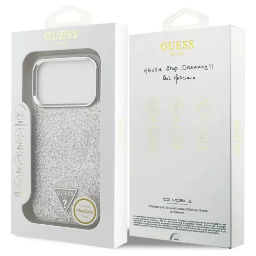 Guess Glitter Triangle Logo MagSafe tok iPhone 17 Pro készülékhez ezüst