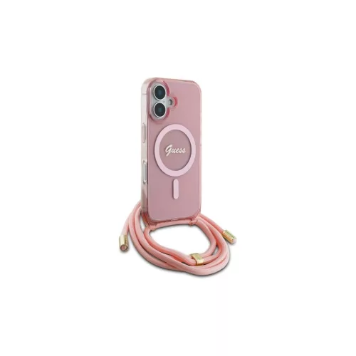 Guess GUHMP16SHCTSGNSP iPhone 16 6.1" készülékhez kemény tok Crossbody Cord Script MagSafe rózsaszín