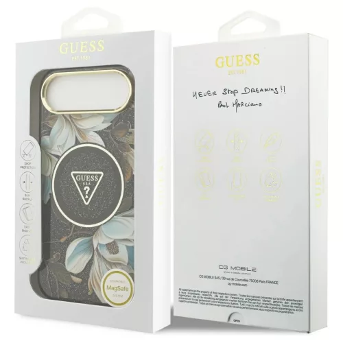 Guess IML Glitter Flowers Triangle MagSafe tok iPhone Air készülékhez fekete