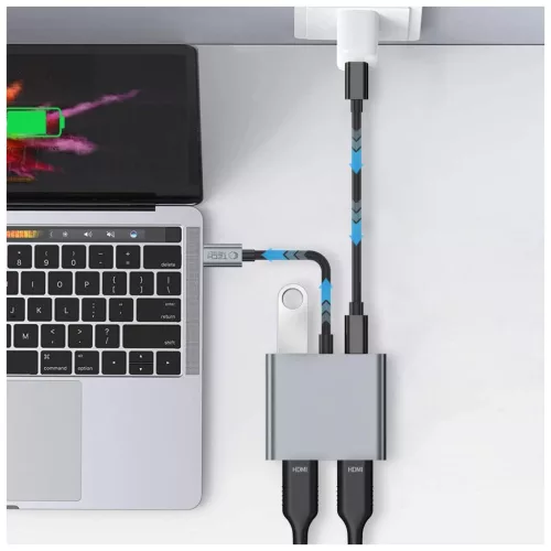 TECH-PROTECT HB08 elágazó adapter 4IN1 TYPE-C + USB2.0 + 2 x HDMI 4K 60HZ űrszürke