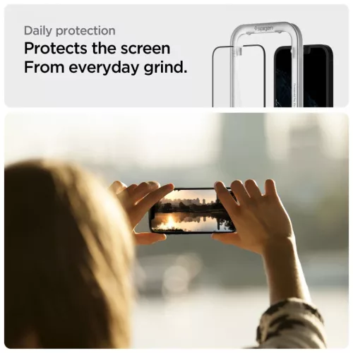 Edzett üveg kijelzővédő SPIGEN ALM GLASS FC 2-PACK iPhone 13 / 13 Pro / 14 / 16e/17e készülékhez fekete