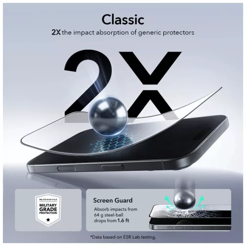 ESR Ultràfit edzett üveg kijelzővédő 2 db iPhone 16 Pro / 17 készülékhez fekete