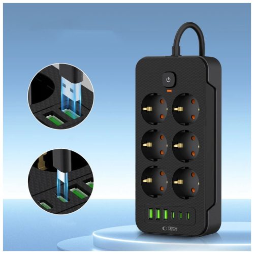TECH-PROTECT PC6X6 dugóelosztó 3 USB & 3 TYPE-C & 6 aljzat 200CM fekete