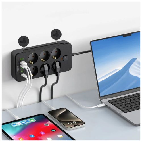 TECH-PROTECT PC6X6 dugóelosztó 3 USB & 3 TYPE-C & 6 aljzat 200CM fekete