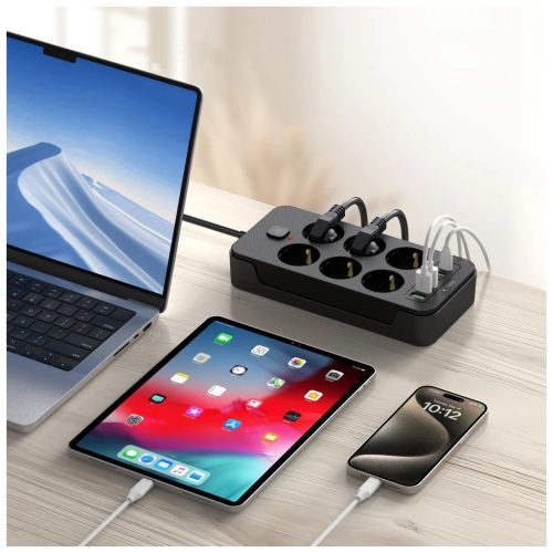 TECH-PROTECT PC6X6 dugóelosztó 3 USB & 3 TYPE-C & 6 aljzat 200CM fekete