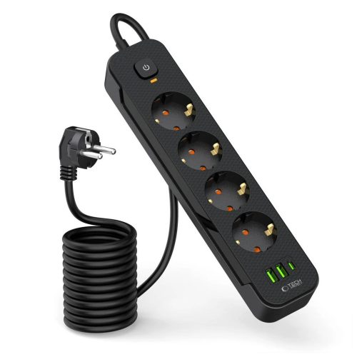 TECH-PROTECT PCL4X3 hosszú elosztódugó 2 USB & 1 TYPE-C & 4 aljzat 200CM fekete