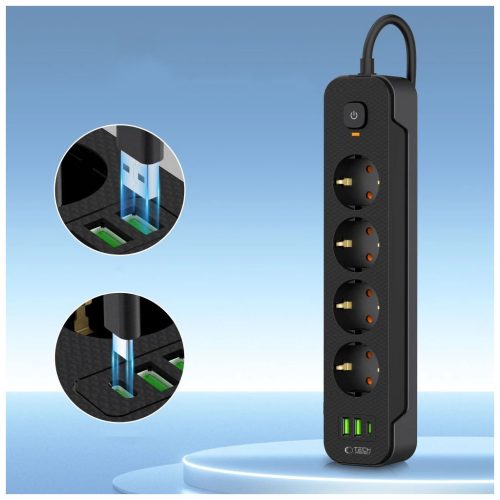 TECH-PROTECT PCL4X3 hosszú elosztódugó 2 USB & 1 TYPE-C & 4 aljzat 200CM fekete