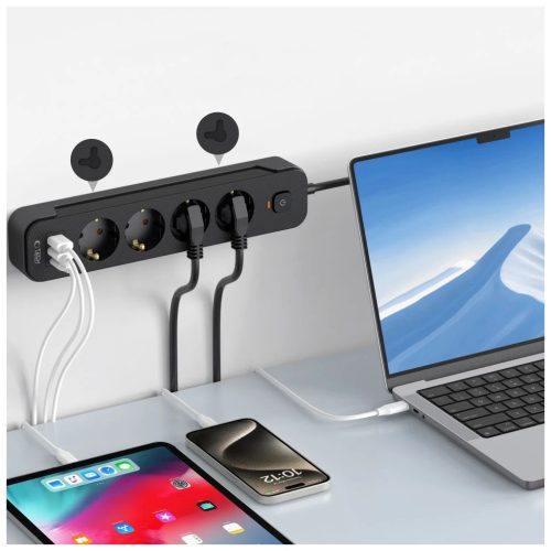 TECH-PROTECT PCL4X3 hosszú elosztódugó 2 USB & 1 TYPE-C & 4 aljzat 200CM fekete