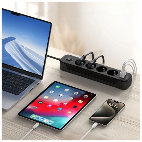 TECH-PROTECT PCL4X3 hosszú elosztódugó 2 USB & 1 TYPE-C & 4 aljzat 200CM fekete