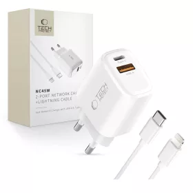  TECH-PROTECT NCA45W-GAN 2-PORT HÁLÓZATI TÖLTŐ PD 45W / QC3.0 + LIGHTNING CABLE fehér
