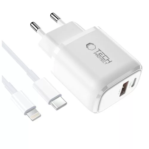TECH-PROTECT NCA45W-GAN 2-PORT HÁLÓZATI TÖLTŐ PD 45W / QC3.0 + LIGHTNING CABLE fehér
