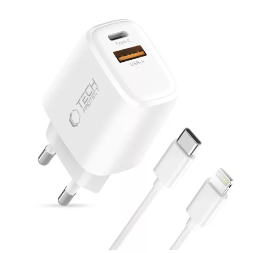 TECH-PROTECT NCA45W-GAN 2-PORT HÁLÓZATI TÖLTŐ PD 45W / QC3.0 + LIGHTNING CABLE fehér