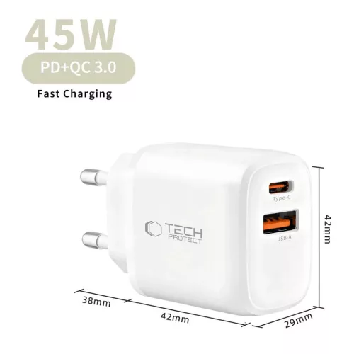 TECH-PROTECT NCA45W-GAN 2-PORT HÁLÓZATI TÖLTŐ PD 45W / QC3.0 + LIGHTNING CABLE fehér