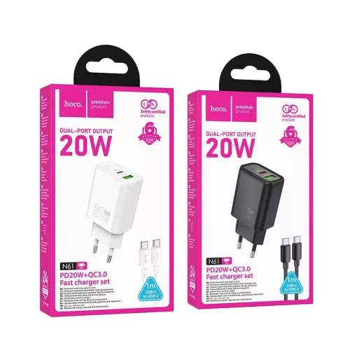 Hoco USB A + USB C QC3.0 PD 3A 20W telefon töltő és N61 USB C–USB C kábel fehér