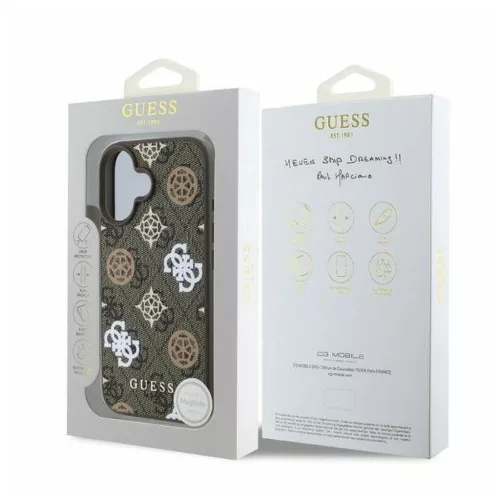 GUESS PU Peony on 4G Background telefontok iPhone 16 készülékhez MagSafe-kompatibilis barna