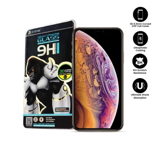 X-ONE 3D teljes borítású edzett üveg kijelzővédő iPhone X/Xs készülékhez fekete