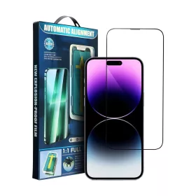   5D teljes ragasztású edzett üvegfólia iPhone 16 Pro Max és 17 Pro Max készülékhez applikátorral fekete