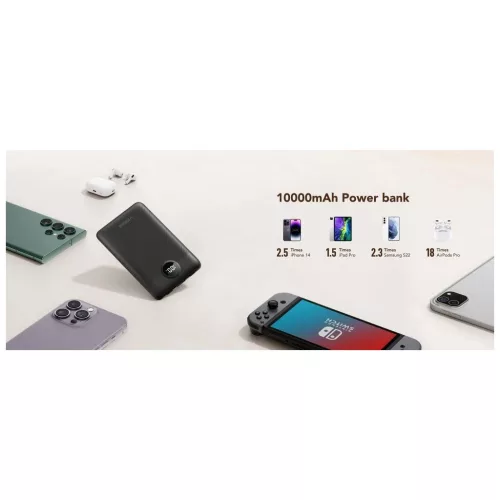 Veger C11 (W1170) külső akkumulátor 10000 mAh PD QC3.0 22,5 W 2 A beépített USB-C és Lightning kábelekkel fekete