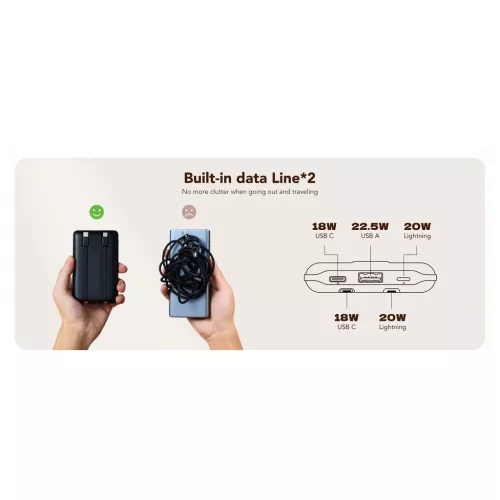 Veger C11 (W1170) külső akkumulátor 10000 mAh PD QC3.0 22,5 W 2 A beépített USB-C és Lightning kábelekkel fekete