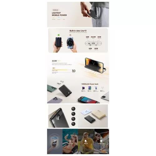 Veger C11 (W1170) külső akkumulátor 10000 mAh PD QC3.0 22,5 W 2 A beépített USB-C és Lightning kábelekkel fekete