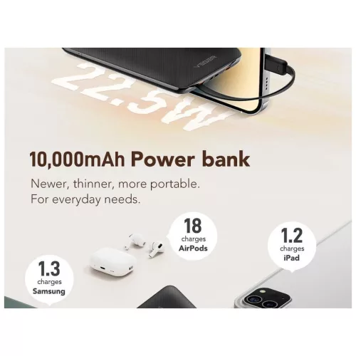 Veger C11 (W1170) külső akkumulátor 10000 mAh PD QC3.0 22,5 W 2 A beépített USB-C és Lightning kábelekkel fekete