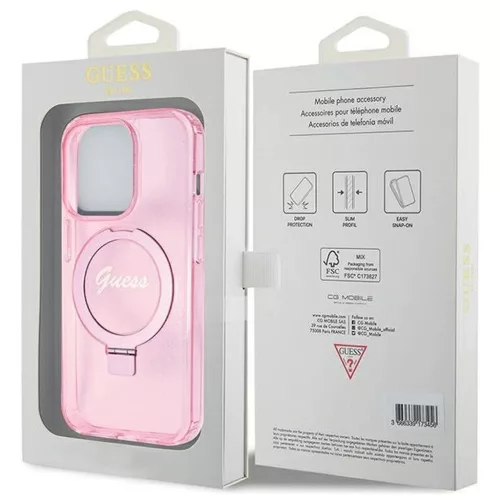 GUESS tok iPhone 15 Pro készülékhez, MagSafe-kompatibilis, Glitter Script Logo Ring stand, rózsaszín – GUHMP15LHRSGSP