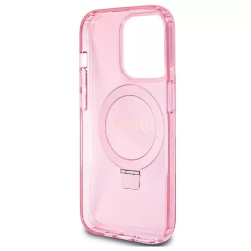 GUESS tok iPhone 15 Pro készülékhez, MagSafe-kompatibilis, Glitter Script Logo Ring stand, rózsaszín – GUHMP15LHRSGSP