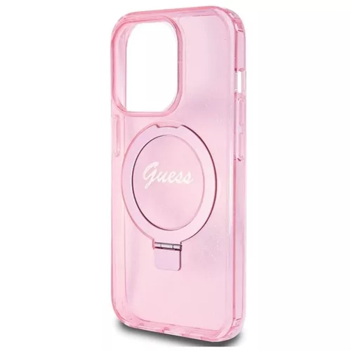 GUESS tok iPhone 15 Pro készülékhez, MagSafe-kompatibilis, Glitter Script Logo Ring stand, rózsaszín – GUHMP15LHRSGSP