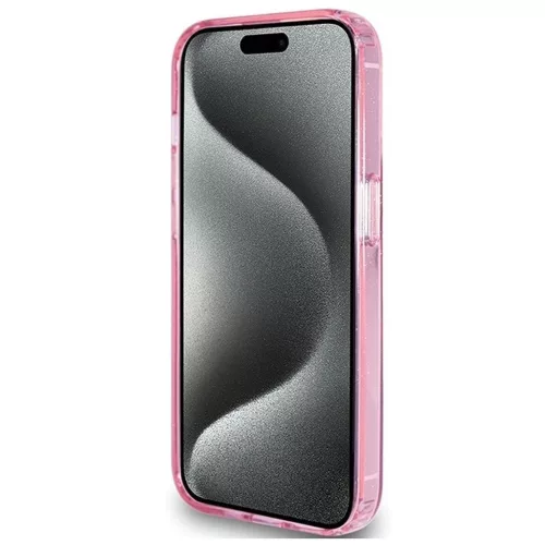 GUESS tok iPhone 15 Pro készülékhez, MagSafe-kompatibilis, Glitter Script Logo Ring stand, rózsaszín – GUHMP15LHRSGSP