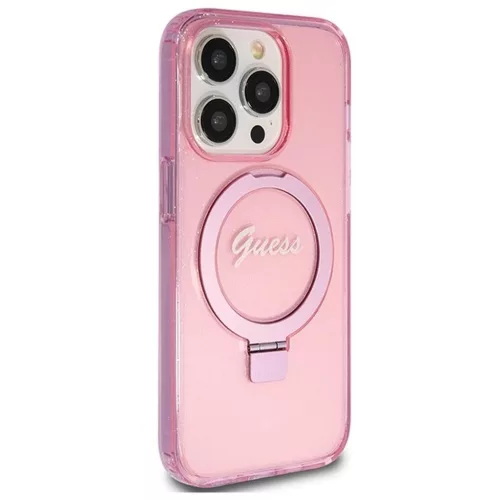 GUESS tok iPhone 15 Pro készülékhez, MagSafe-kompatibilis, Glitter Script Logo Ring stand, rózsaszín – GUHMP15LHRSGSP
