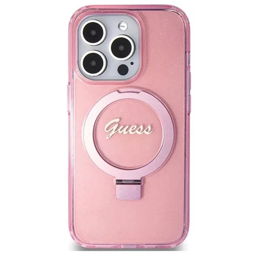 GUESS tok iPhone 15 Pro készülékhez, MagSafe-kompatibilis, Glitter Script Logo Ring stand, rózsaszín – GUHMP15LHRSGSP