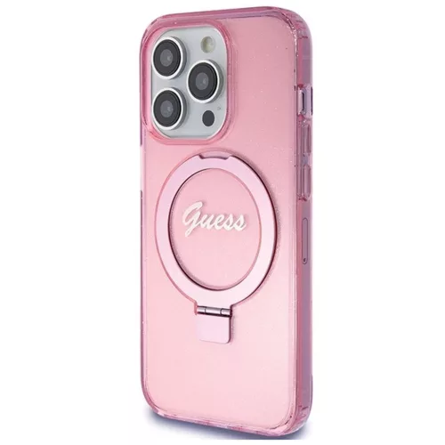 GUESS tok iPhone 15 Pro készülékhez, MagSafe-kompatibilis, Glitter Script Logo Ring stand, rózsaszín – GUHMP15LHRSGSP