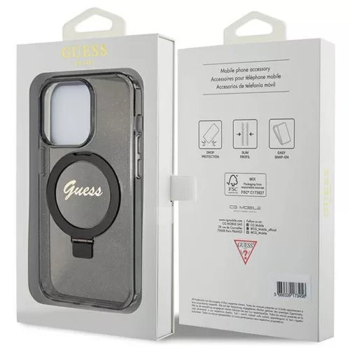 Eredeti GUESS előlapos tok GUHMP15XHRSGSK iPhone 15 Pro Max készülékhez (Magsafe-kompatibilis, Glitter Script logó, gyűrűs állvány, fekete)