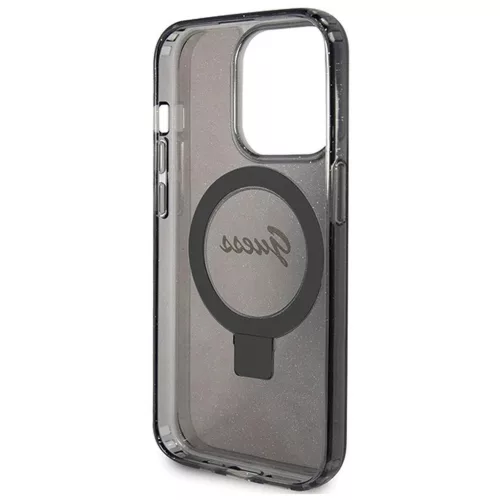 Eredeti GUESS előlapos tok GUHMP15XHRSGSK iPhone 15 Pro Max készülékhez (Magsafe-kompatibilis, Glitter Script logó, gyűrűs állvány, fekete)