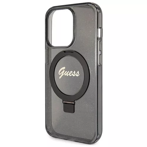 Eredeti GUESS előlapos tok GUHMP15XHRSGSK iPhone 15 Pro Max készülékhez (Magsafe-kompatibilis, Glitter Script logó, gyűrűs állvány, fekete)