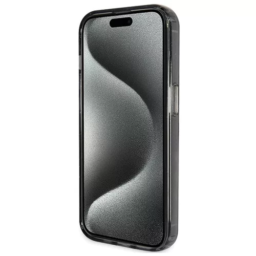 Eredeti GUESS előlapos tok GUHMP15XHRSGSK iPhone 15 Pro Max készülékhez (Magsafe-kompatibilis, Glitter Script logó, gyűrűs állvány, fekete)