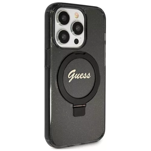 Eredeti GUESS előlapos tok GUHMP15XHRSGSK iPhone 15 Pro Max készülékhez (Magsafe-kompatibilis, Glitter Script logó, gyűrűs állvány, fekete)