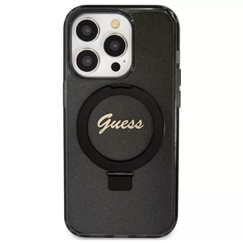 Eredeti GUESS előlapos tok GUHMP15XHRSGSK iPhone 15 Pro Max készülékhez (Magsafe-kompatibilis, Glitter Script logó, gyűrűs állvány, fekete)